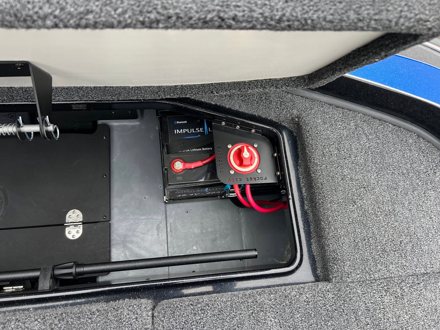 installed black metal Ranger Z Comanche R series trolling motor battery switch mounting bracket by rocket city outdoors