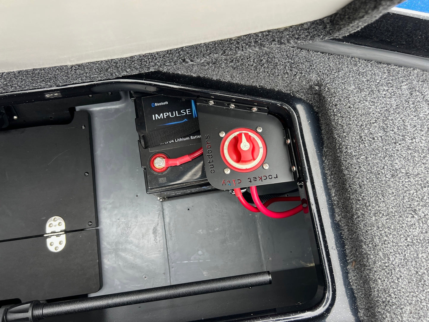 installed black metal Ranger Z Comanche R series trolling motor battery switch mounting bracket by rocket city outdoors