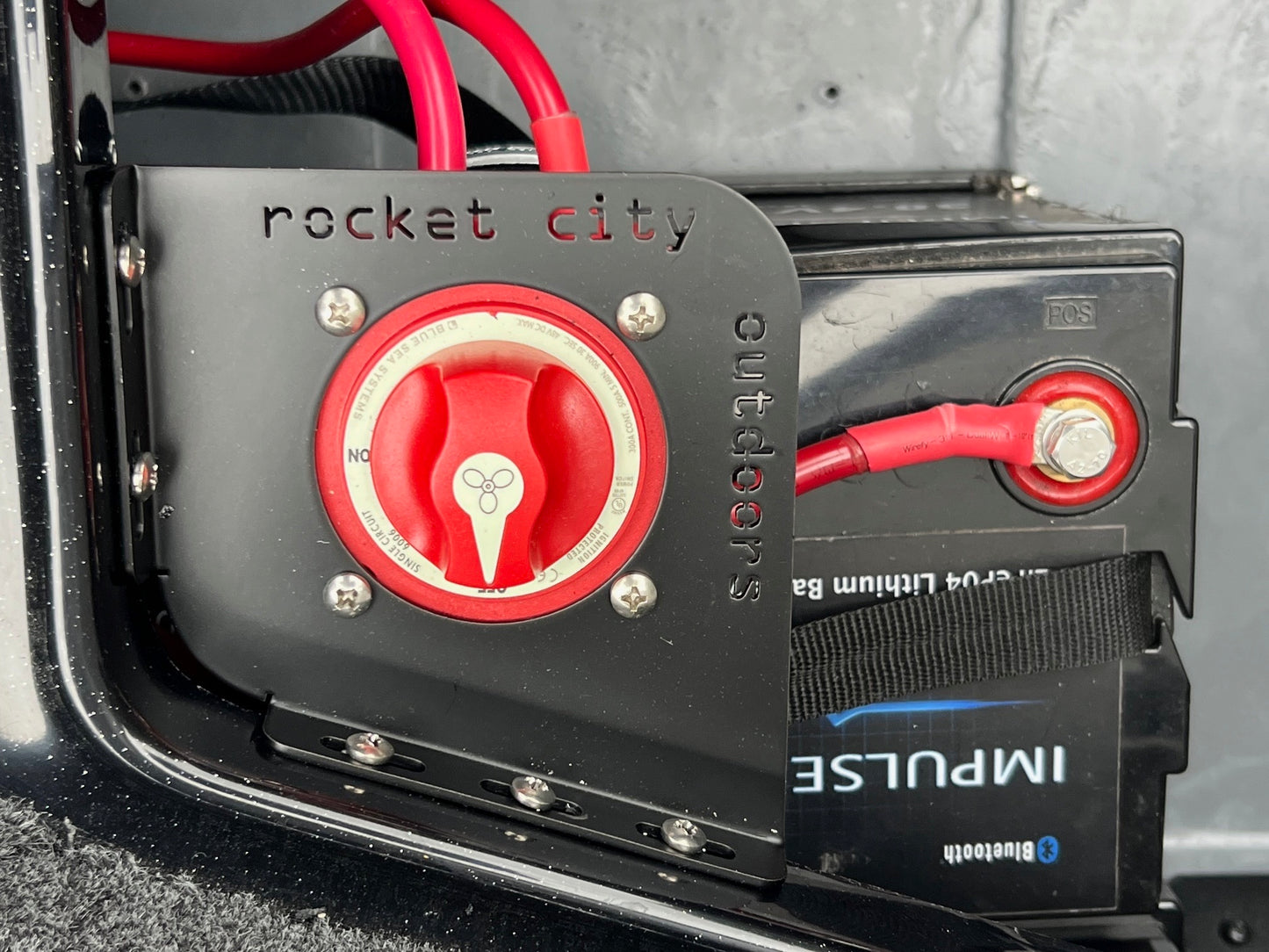 intstalled black metal Ranger Z Comanche R series trolling motor battery switch mounting bracket by rocket city outdoors