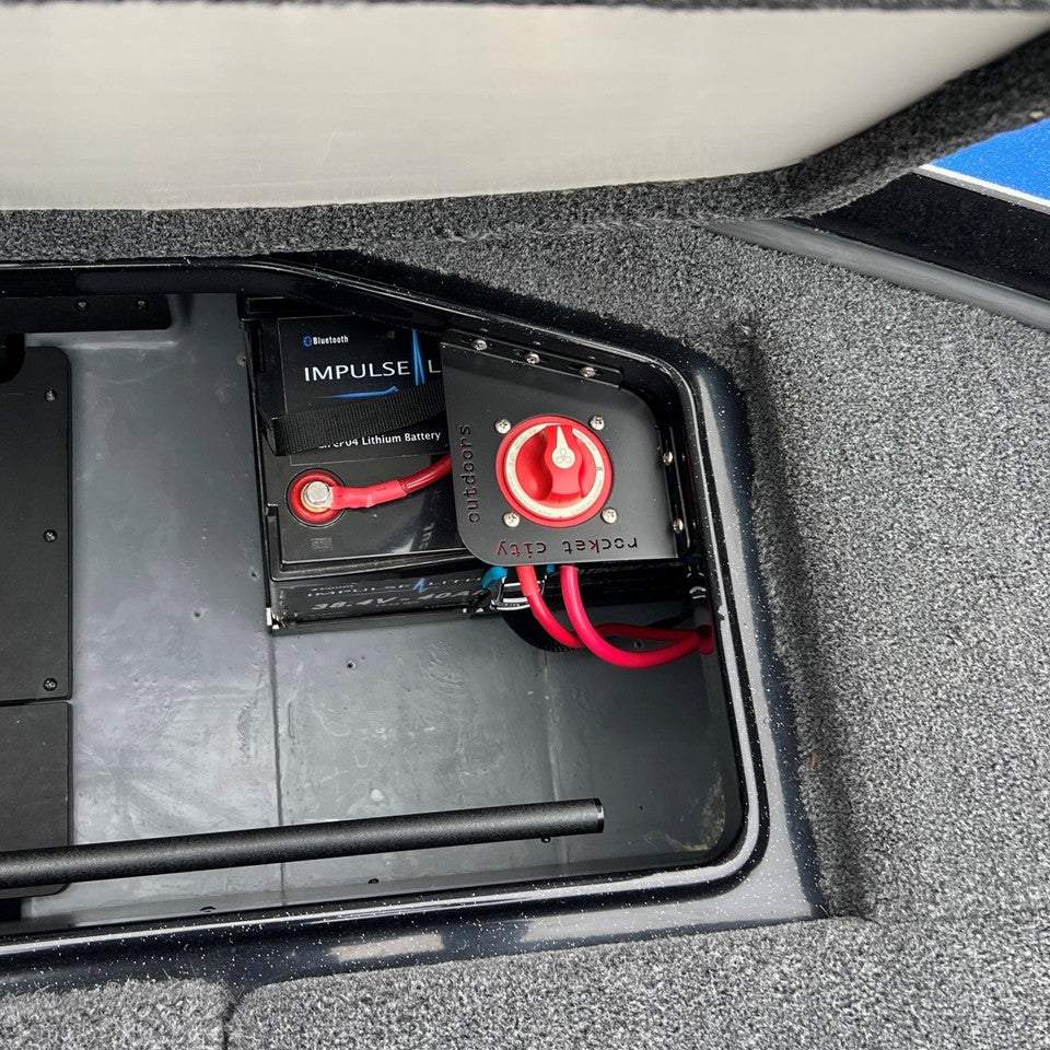 Ranger Trolling Motor Battery Switch mounting bracket in black powder-coated metal, holding a red rotary switch.