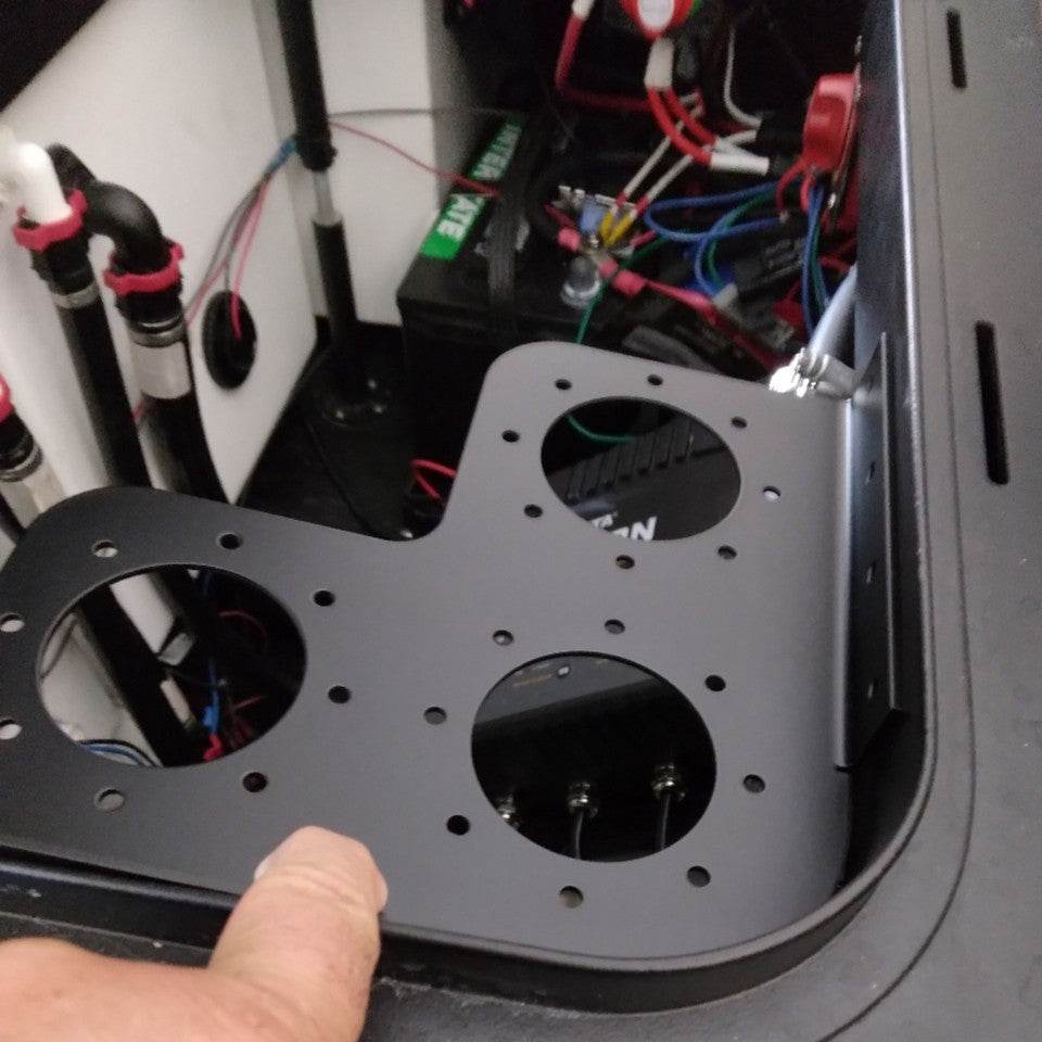 Skeeter 3-in-1 Battery Switch corner mount bracket in matte black aluminum with three circular switch openings