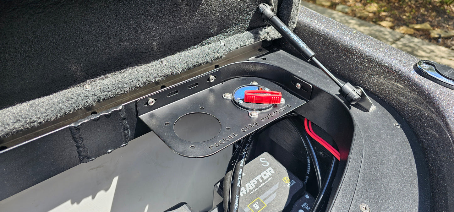 Skeeter ZXR or FXR bass boat dual battery switch or remote drain plug control corner mounting bracket