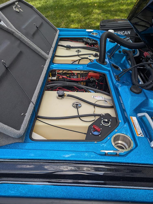 bass cat battery compartment highlighting electronics wiring