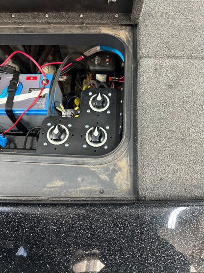Skeeter ZX FX Bass Boat Battery Cutoff Switch Corner Bracket for Blue Sea Series M-series switches in black powder coated aluminum also will secure a flow rite or sealok remote drain plug switch