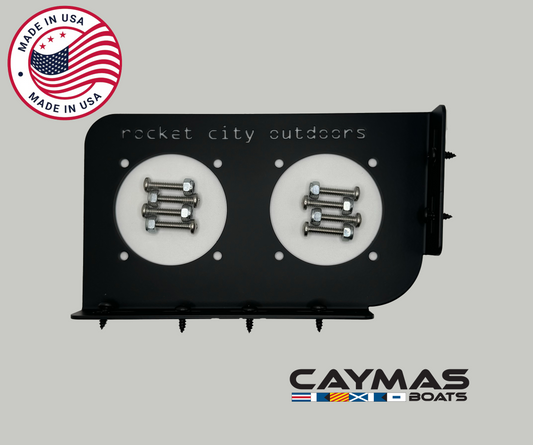 Caymas bass bass boat battery switch bracket mounting solution that fits CX18, CX19, CX20, CX21, XS20, and XS21 models.