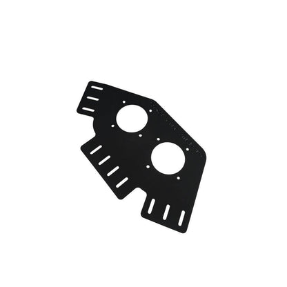 Bass Cat Puma Caracal Double Battery Switch corner bracket in matte black aluminum, with two round switch openings and slotted edges.