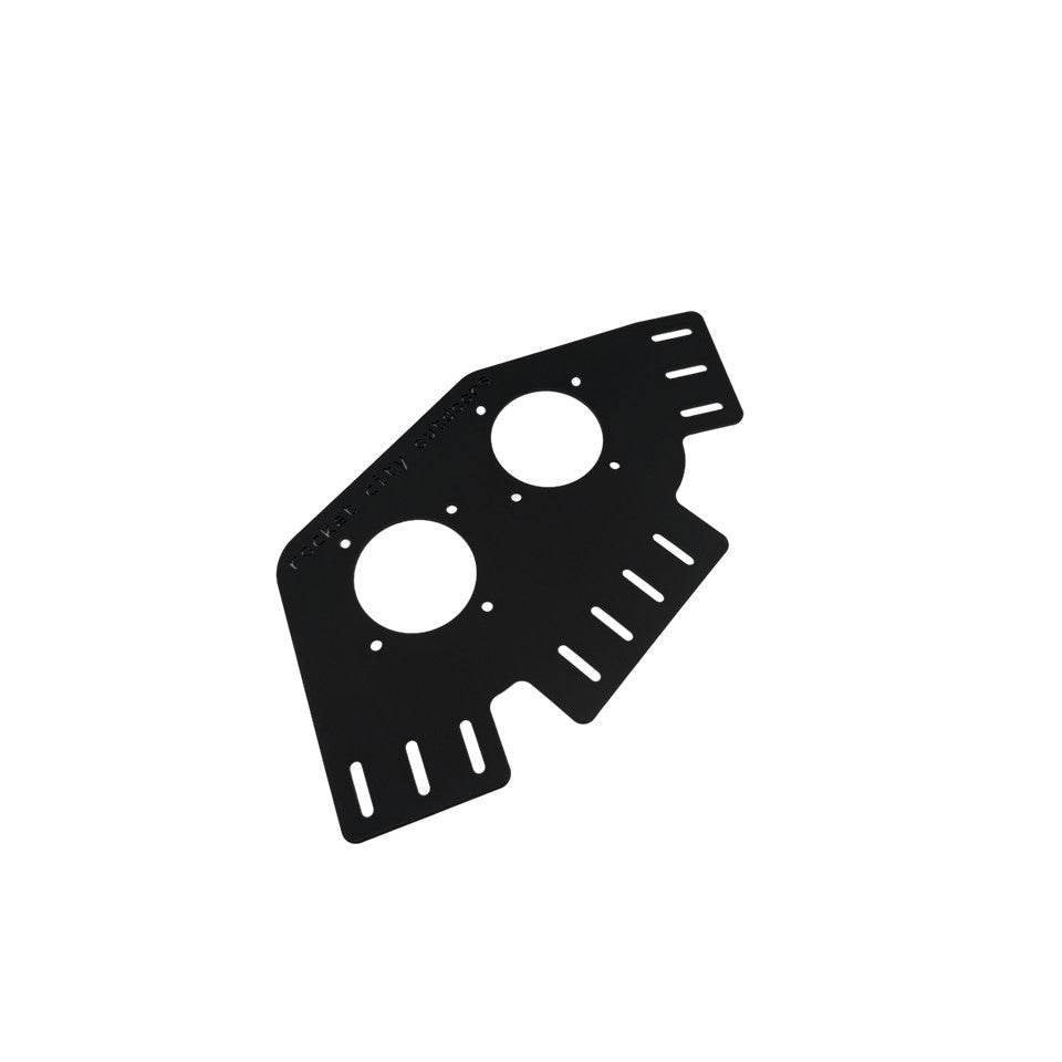 Bass Cat double battery switch bracket for Puma and Caracal boats, in matte black aluminum with two circular openings and slotted edges