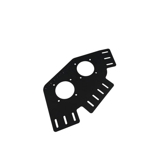 Bass Cat double battery switch bracket for Puma and Caracal boats, in matte black aluminum with two circular openings and slotted edges