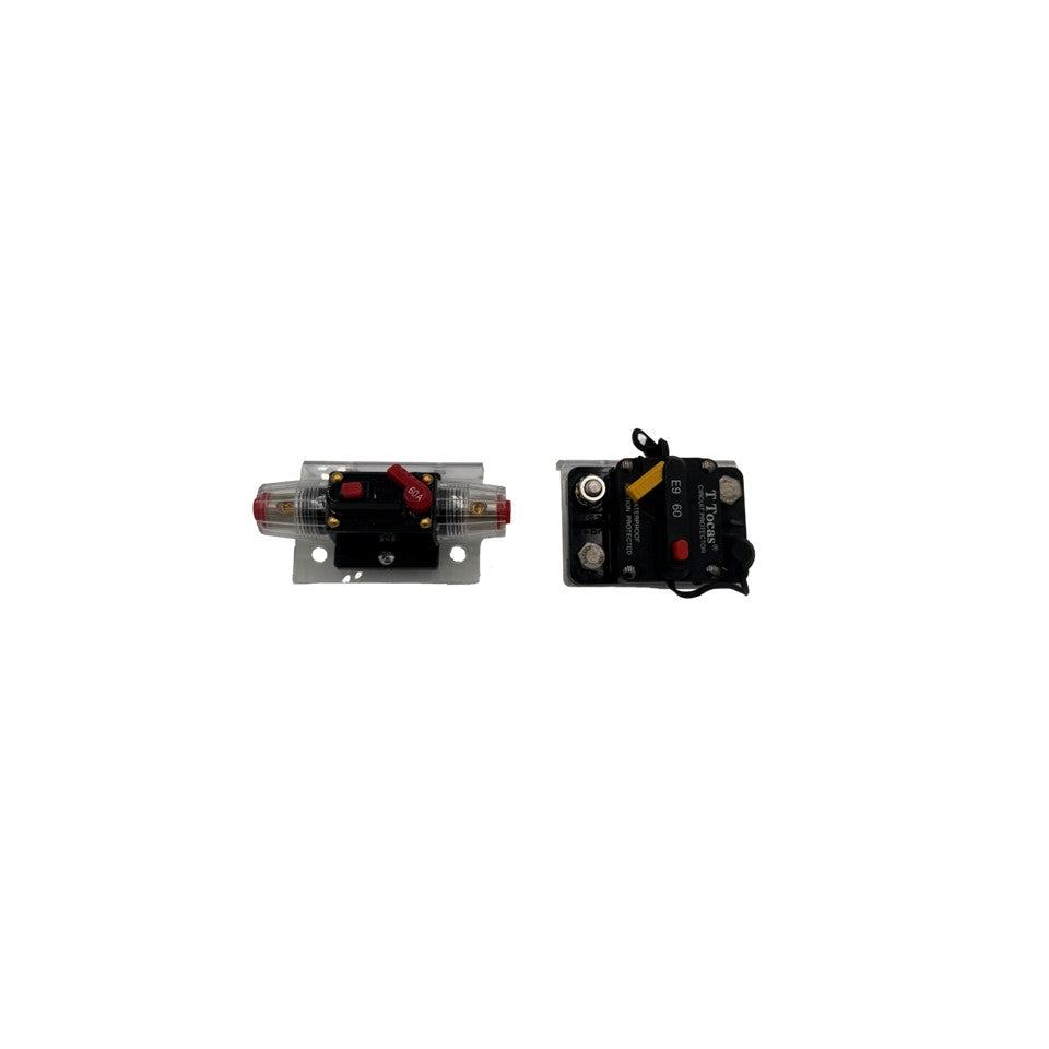 Blue Sea 285 Circuit Breaker Bracket, silver metal mounting plate shown with a black circuit breaker and red switch.
