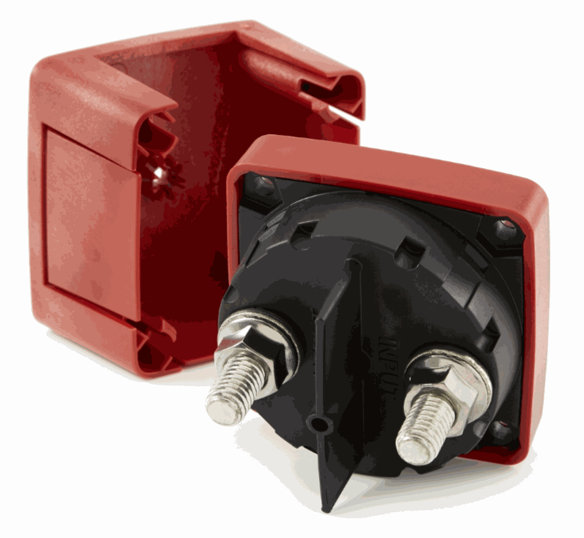 Blue Sea 6006 battery switch with a red protective cover, black switch body and two metal terminal studs — reference image, not confirmation of the brand or specifications of the unbranded switch sold by RCO