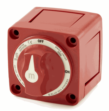Blue Sea 6006 marine battery disconnect switch with red ON/OFF knob — reference photo; the switch sold by RCO is unbranded, with unverified specifications