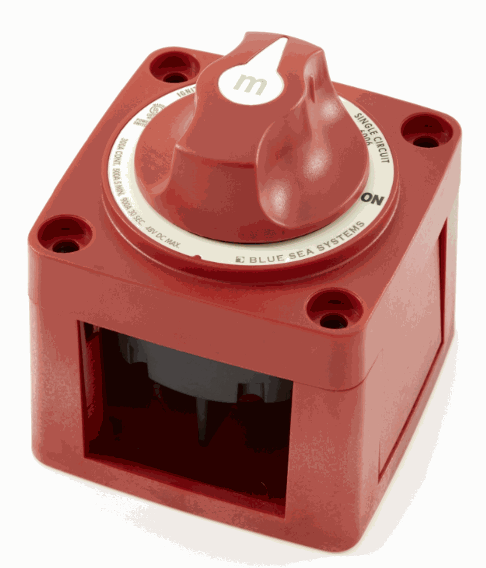 Blue Sea 6006 battery switch with a red plastic housing, rotary ON-OFF knob and four mounting holes — reference image, not confirmation of the brand or specifications of the unbranded switch sold by RCO