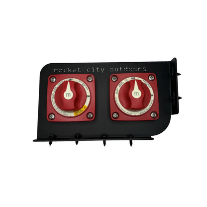 Caymas bass bass boat battery switch bracket mounting solution that fits CX18, CX19, CX20, CX21, XS20, and XS21 models.