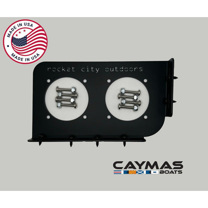 Caymas bass bass boat battery switch bracket mounting solution that fits CX18, CX19, CX20, CX21, XS20, and XS21 models.