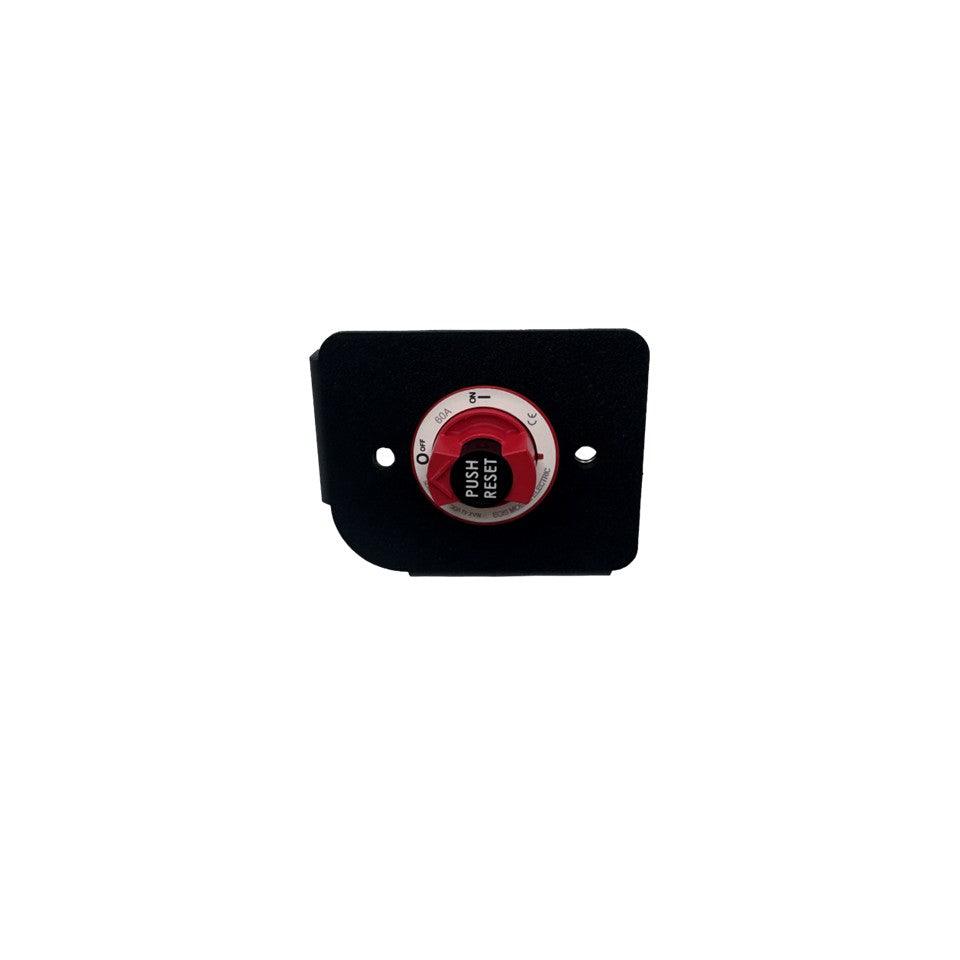 Egis 4701 Circuit Breaker Bracket in matte black aluminum with a central round push-reset breaker and two mounting holes