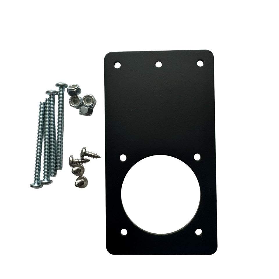Flat battery switch mounting bracket in matte black aluminum, with a circular switch opening, mounting holes and hardware