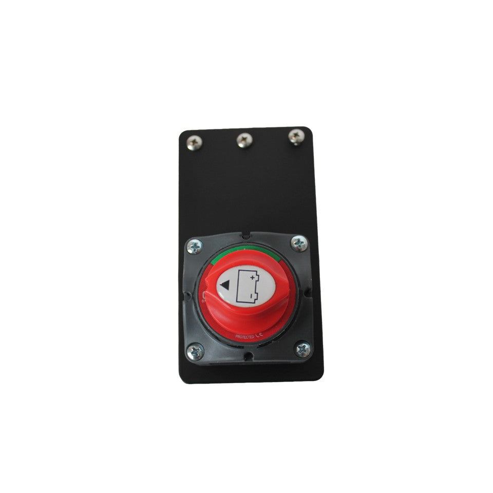 Flat Bass Boat Battery Switch bracket in matte black aluminum with a red rotary battery disconnect switch and silver fasteners