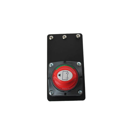 Flat Bass Boat Battery Switch bracket in matte black aluminum with a red rotary battery disconnect switch and silver fasteners