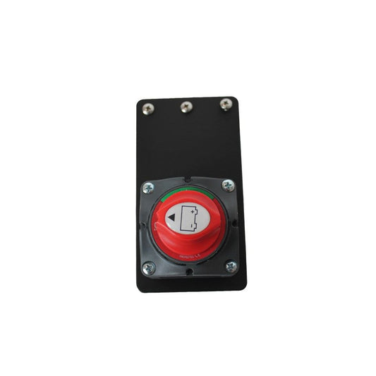 Flat Bass Boat Battery Switch bracket in matte black aluminum with a red rotary battery disconnect switch and silver fasteners