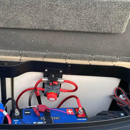 Flat Bass Boat Battery Switch bracket with mounted red rotary switch above a blue battery and connected red cables