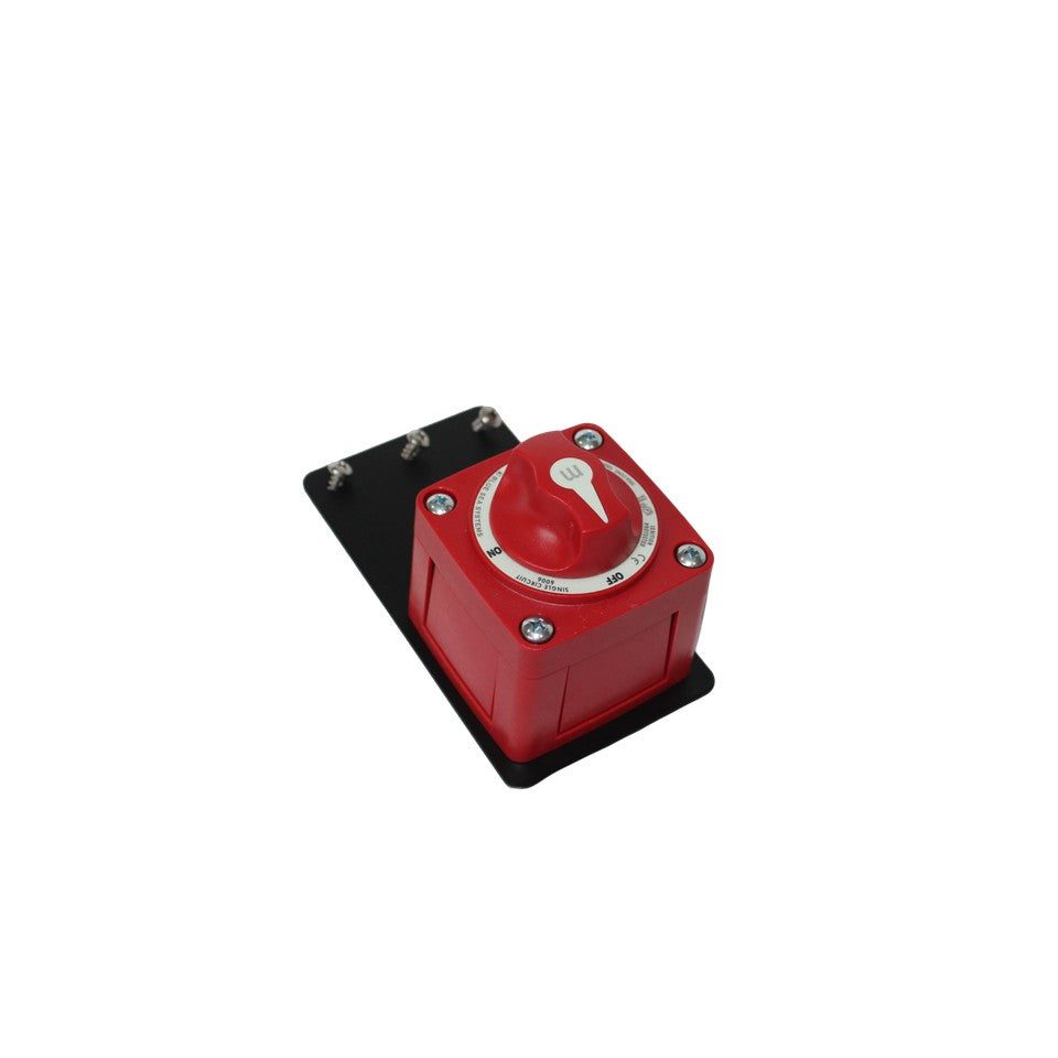 Flat Bass Boat Battery Switch with red rotary selector mounted on a black flat bracket with silver hardware