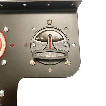 Flow-Rite Remote Drain Plug Switch Adapter, matte black metal plate with a mounted OPEN and CLOSED control lever.