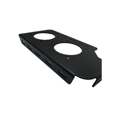 Phoenix Double Battery Switch corner bracket in matte black powder-coated aluminum, with two circular switch openings and slotted sides