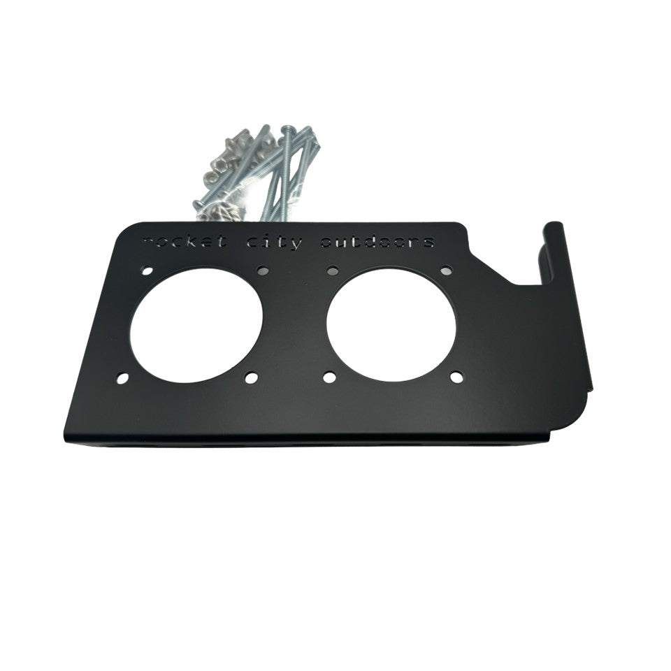 Phoenix Double Battery Switch bracket in matte black powder-coated aluminum, with two circular switch openings and mounting lip
