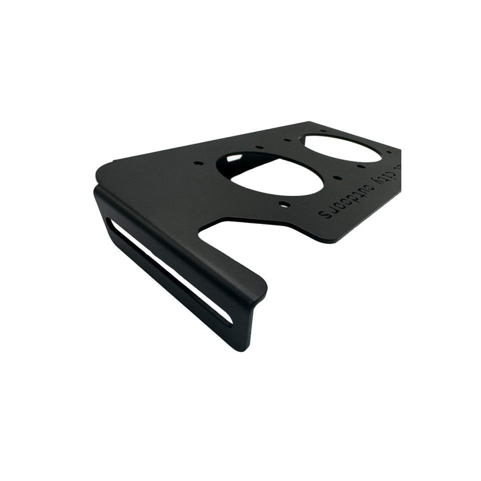 Phoenix Double Battery Switch bracket in matte black powder-coated aluminum with two switch cutouts and a folded mounting lip