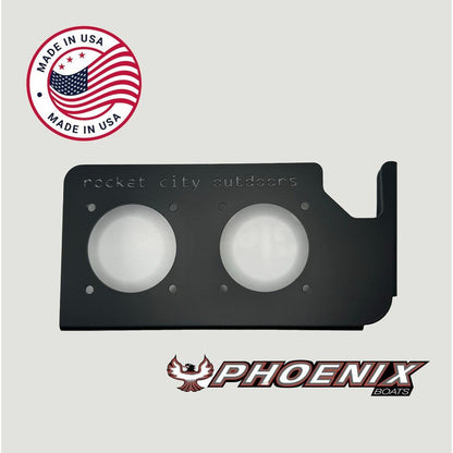 Phoenix Double Battery Switch bracket in matte black aluminum with two circular switch cutouts and a raised mounting lip