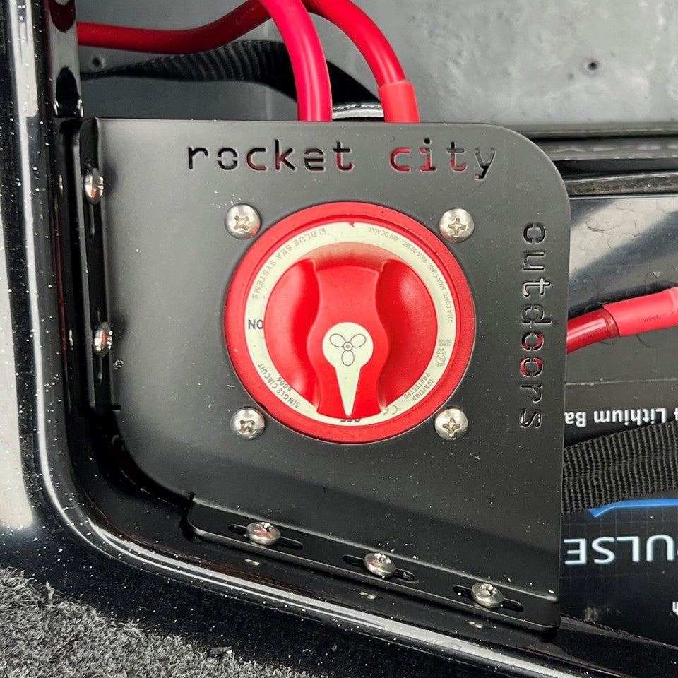 black metal Ranger Z Commanche R series trolling motor battery switch mounting bracket by rocket city outdoors