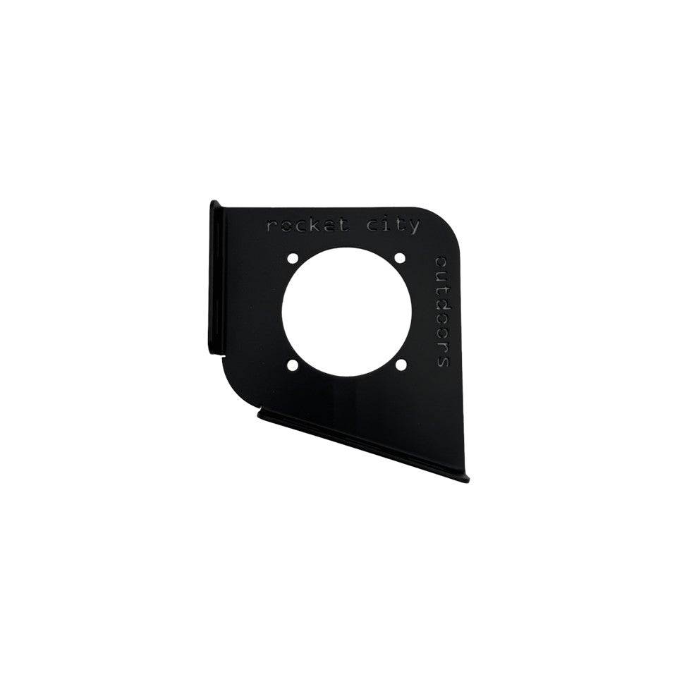 Ranger Trolling Motor Battery Switch mounting bracket in matte black coated aluminum, with a large circular switch opening and raised edges.