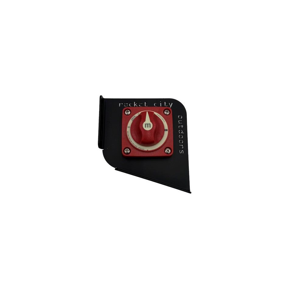 Ranger Trolling Motor Battery Switch bracket in matte black metal with a red rotary switch and angular mounting plate