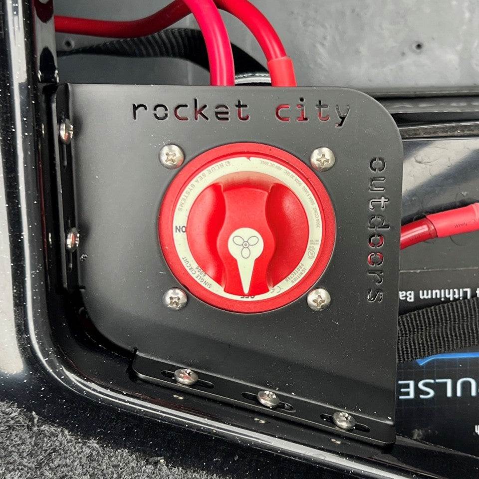 Ranger Trolling Motor Battery Switch on a matte black mounting bracket, with red switch knob, red cables and metal fasteners