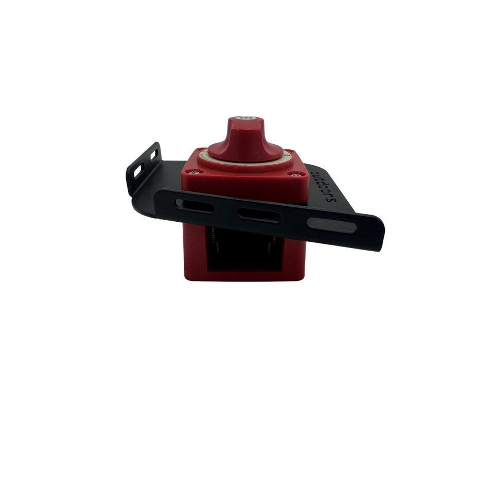 Ranger Trolling Motor Battery Switch with a red switch mounted on a black powder-coated metal bracket with slotted holes
