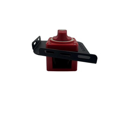 Ranger Trolling Motor Battery Switch with a red switch mounted on a black powder-coated metal bracket with slotted holes