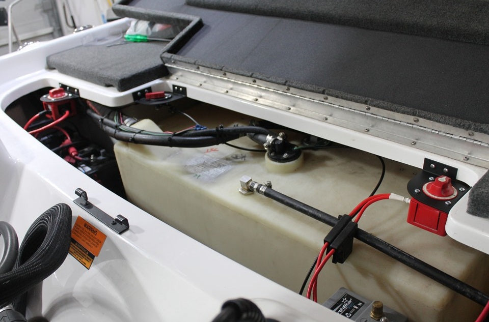 Black bass boat corner mounting bracket for battery disconnect switch’s on Ranger Triton and Nitro bass fishing boats