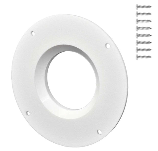 Recessed Battery Switch Mount, white ASA plastic ring with tapered central opening and four mounting holes, plus screws