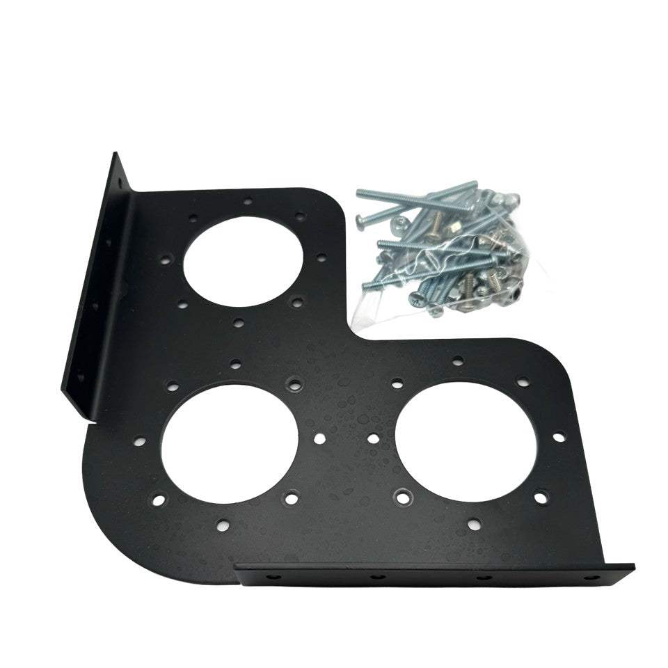 Skeeter 3-in-1 Battery Switch corner mount bracket in matte black aluminum, with three circular openings and included hardware