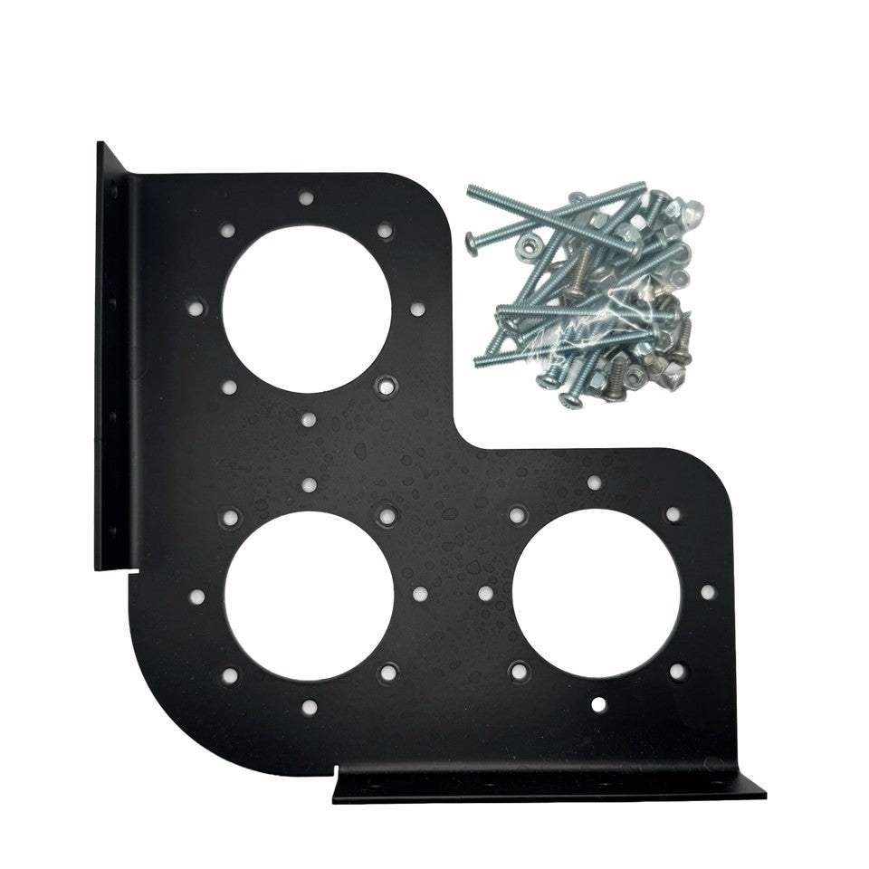 Skeeter 3-in-1 Battery Switch corner mount bracket in matte black coated metal, with three circular openings and hardware