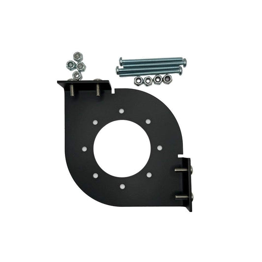 Skeeter Battery Switch Corner Mount bracket in matte black aluminum, with a circular center cutout and mounting holes