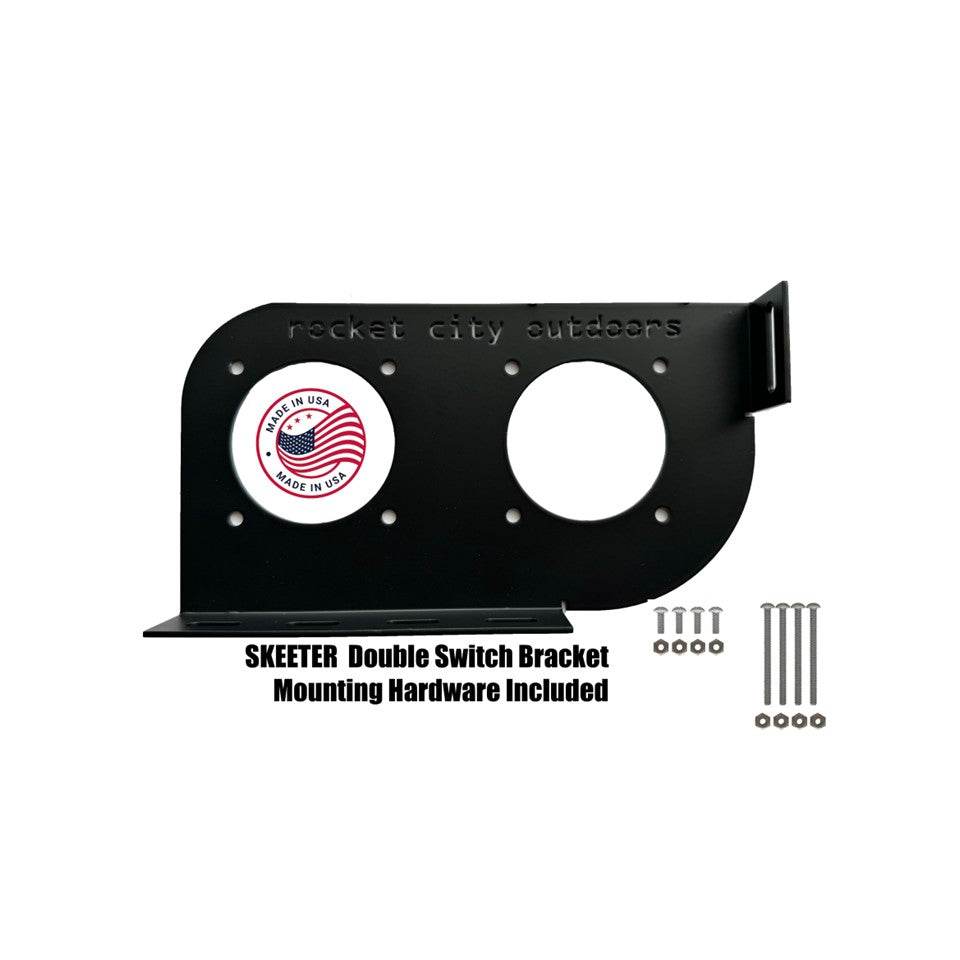 Skeeter Dual Battery Switch bracket in matte black coated metal, with two circular switch openings and mounting hardware
