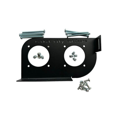 Skeeter Dual Battery Switch mounting bracket in matte black metal, with two circular switch cutouts and silver mounting hardware.