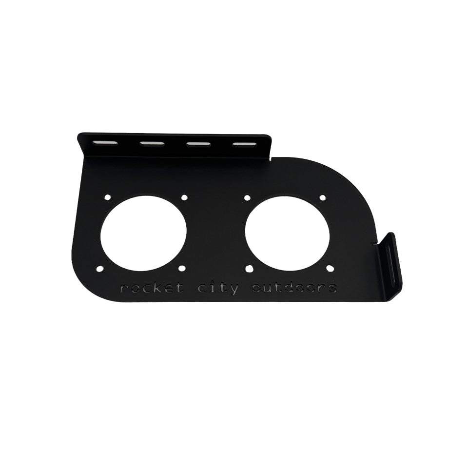 Skeeter dual battery switch bracket in matte black coated aluminum, with two large circular switch cutouts and mounting holes