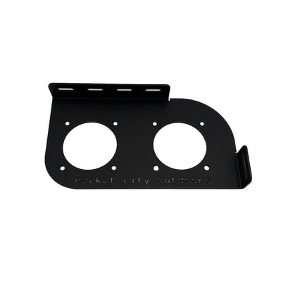 Skeeter dual battery switch bracket in matte black coated aluminum, with two large circular switch cutouts and mounting holes