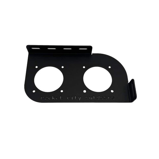Skeeter dual battery switch bracket in matte black coated aluminum, with two large circular switch cutouts and mounting holes