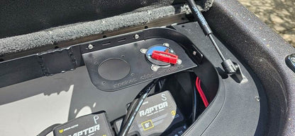 Skeeter dual battery switch bracket in matte black metal, mounted with a red rotary switch and one open switch cutout