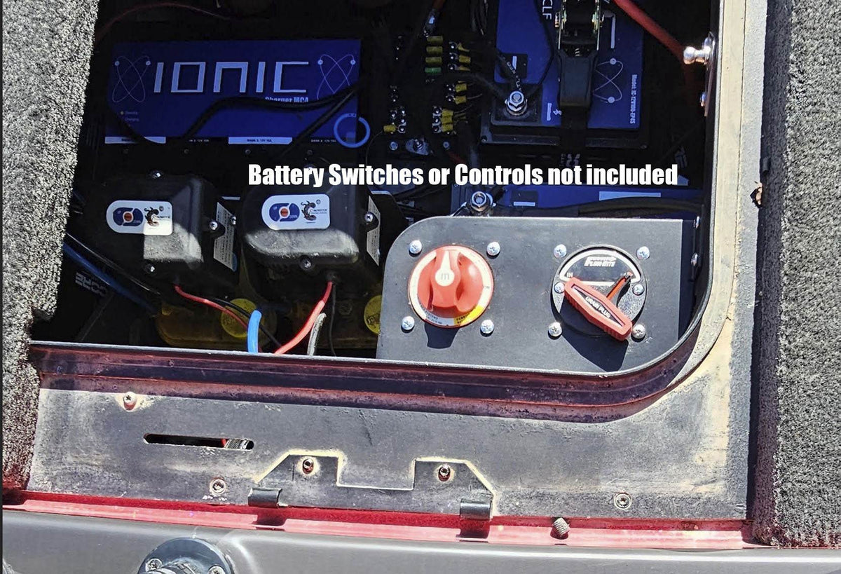 Skeeter Dual Battery Switch bracket in matte black holding two rotary switches beside boat batteries in a compartment