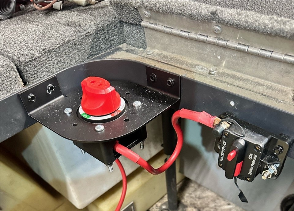 Installed Black Powder Coated Single Generic Universal Battery Switch Mounting Bracket for Skeeter iClass FX ZX FXR ZXR iClass Bass Fishing Boats