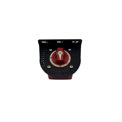 Universal battery switch mounting bracket, black coated metal plate with a red rotary battery switch and silver fasteners.
